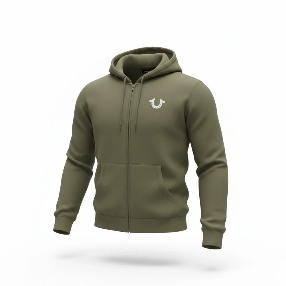 True Religion Big HS Foil Zip Hoodie Mens M Kalamata Olive Green Loungewear